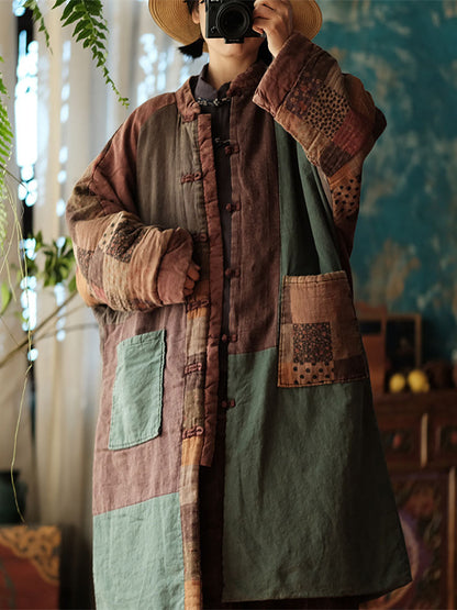 Autumn Patch Spliced Long Cotton Robe Coat Ax1026