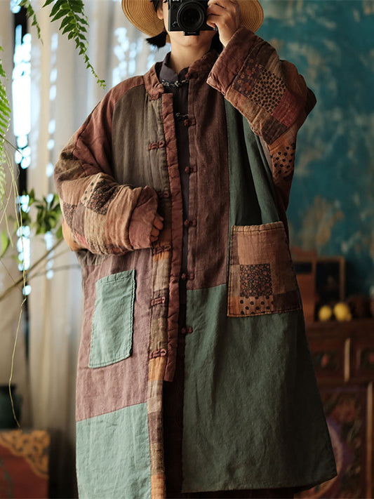 Autumn Patch Spliced Long Cotton Robe Coat Ax1026