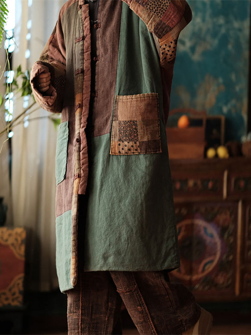 Autumn Patch Spliced Long Cotton Robe Coat Ax1026