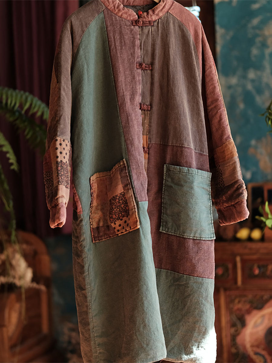 Autumn Patch Spliced Long Cotton Robe Coat Ax1026