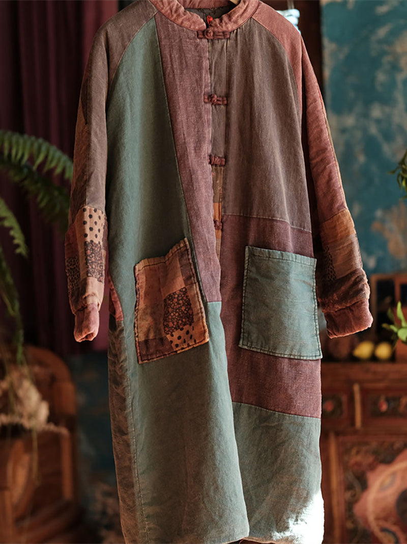 Autumn Patch Spliced Long Cotton Robe Coat Ax1026