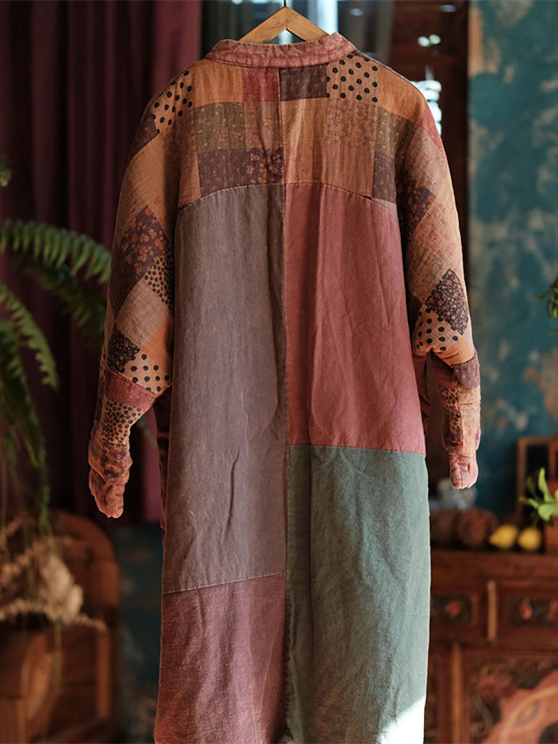 Autumn Patch Spliced Long Cotton Robe Coat Ax1026