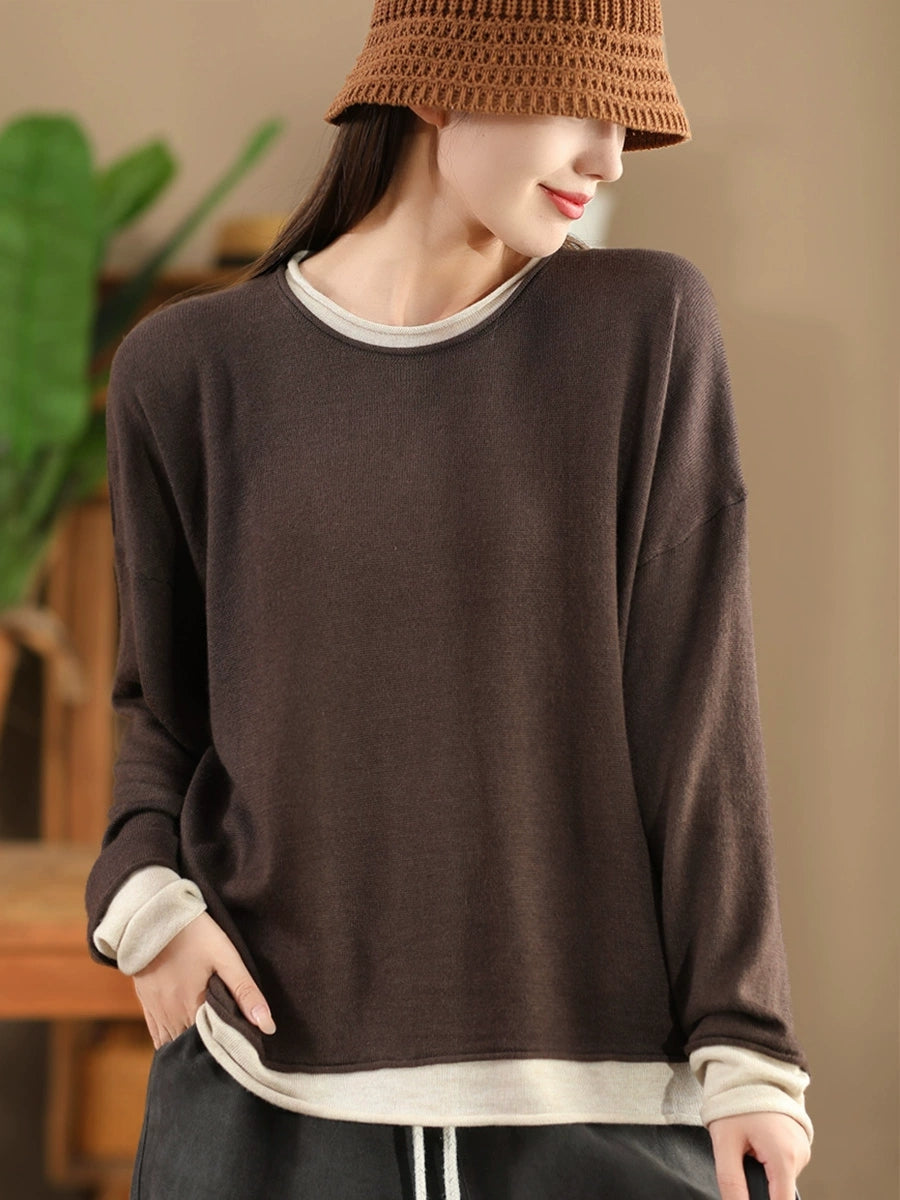 Autumn Colorblock O-neck Blouse Ax1034