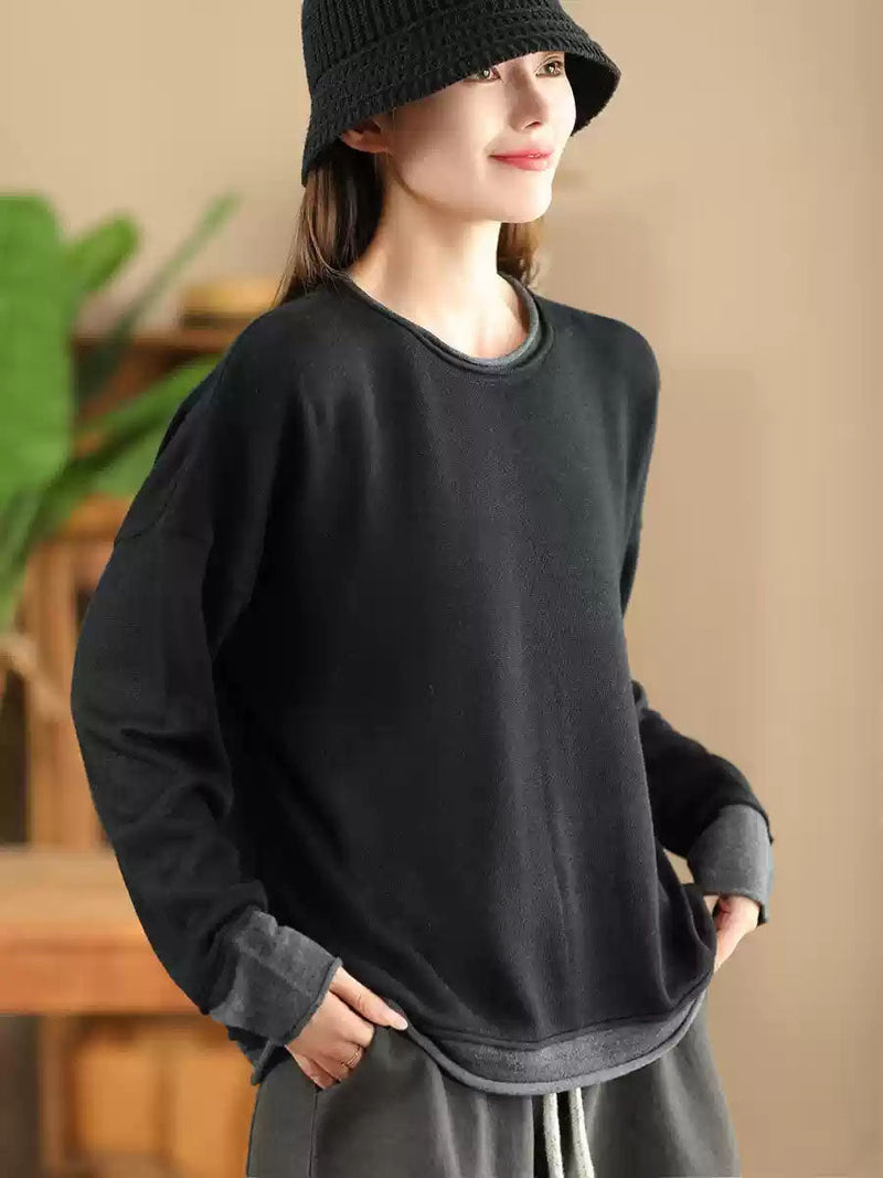 Autumn Colorblock O-neck Blouse Ax1034