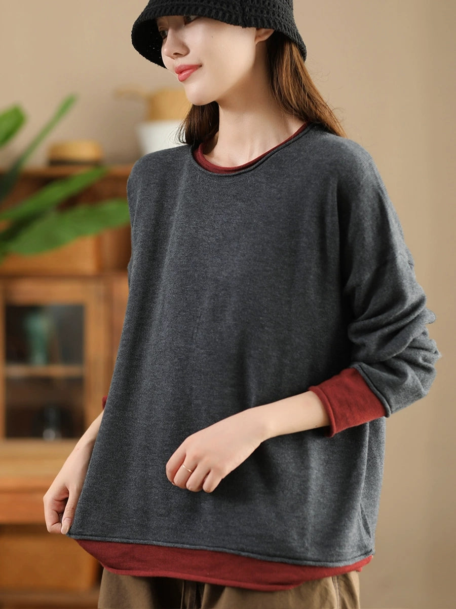 Autumn Colorblock O-neck Blouse Ax1034