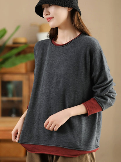 Autumn Colorblock O-neck Blouse Ax1034