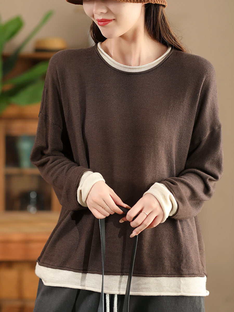 Autumn Colorblock O-neck Blouse Ax1034