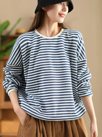 Autumn Stripe O-neck Cotton Blouse Ax1035