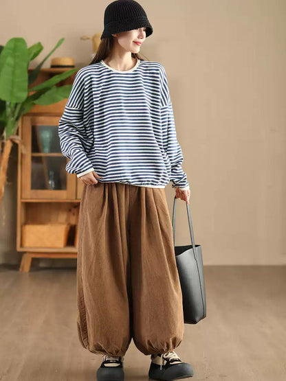 Autumn Stripe O-neck Cotton Blouse Ax1035