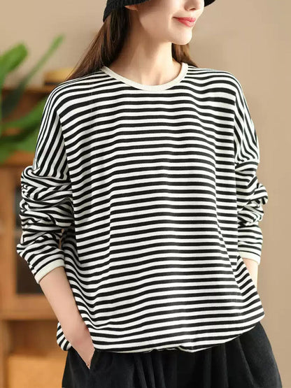Autumn Stripe O-neck Cotton Blouse Ax1035