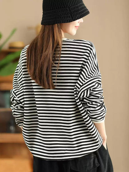 Autumn Stripe O-neck Cotton Blouse Ax1035
