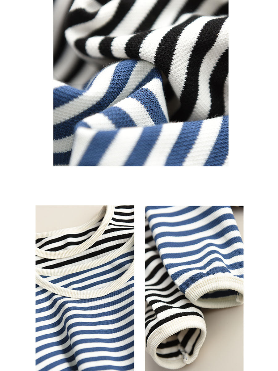 Autumn Stripe O-neck Cotton Blouse Ax1035