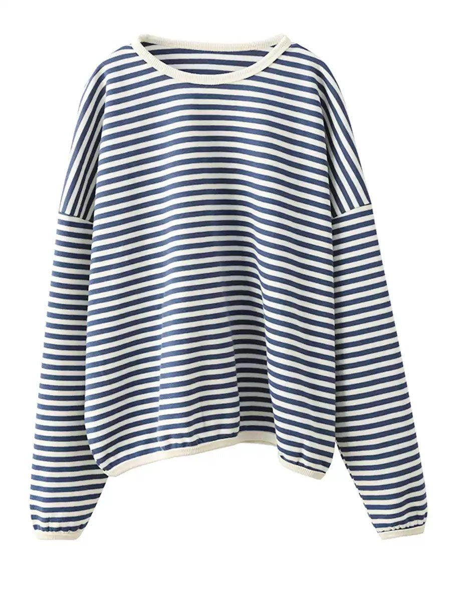 Autumn Stripe O-neck Cotton Blouse Ax1035