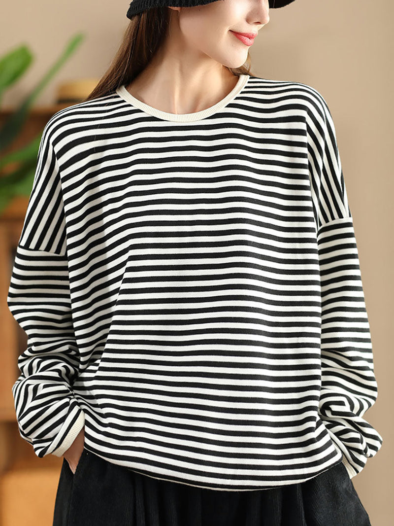 Autumn Stripe O-neck Cotton Blouse Ax1035