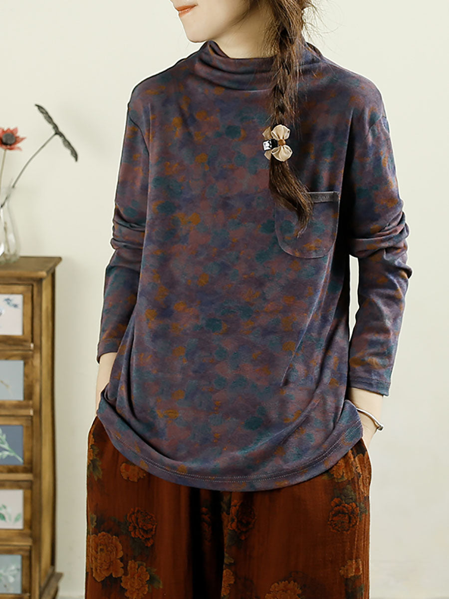 Autumn Artsy Turtleneck Pocket Cotton Blouse Ax1043