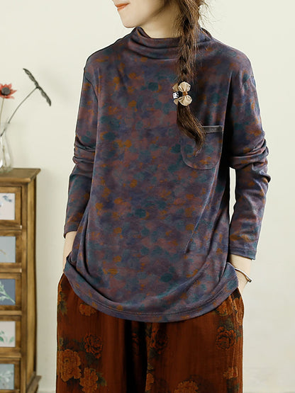 Autumn Artsy Turtleneck Pocket Cotton Blouse Ax1043