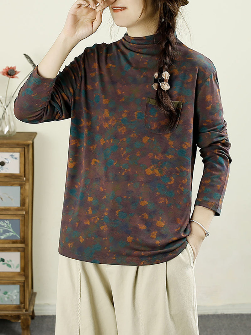 Autumn Artsy Turtleneck Pocket Cotton Blouse Ax1043