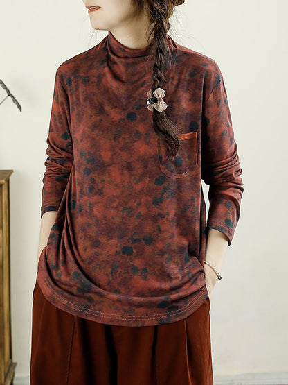 Autumn Artsy Turtleneck Pocket Cotton Blouse Ax1043