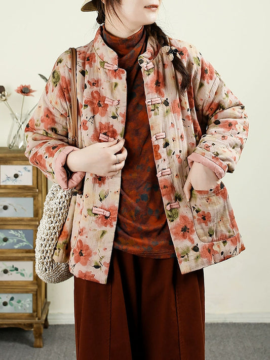 Autumn Flower Cotton Stand Collar Coat Ax1042