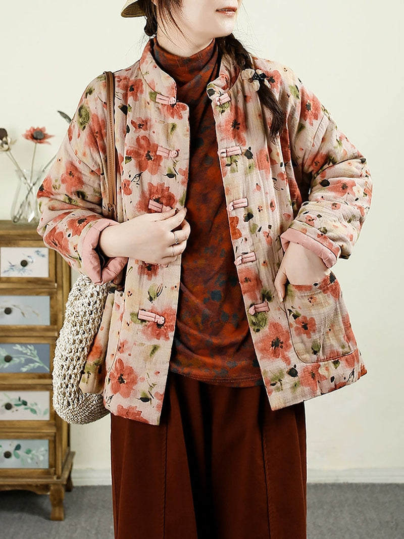 Autumn Flower Cotton Stand Collar Coat Ax1042