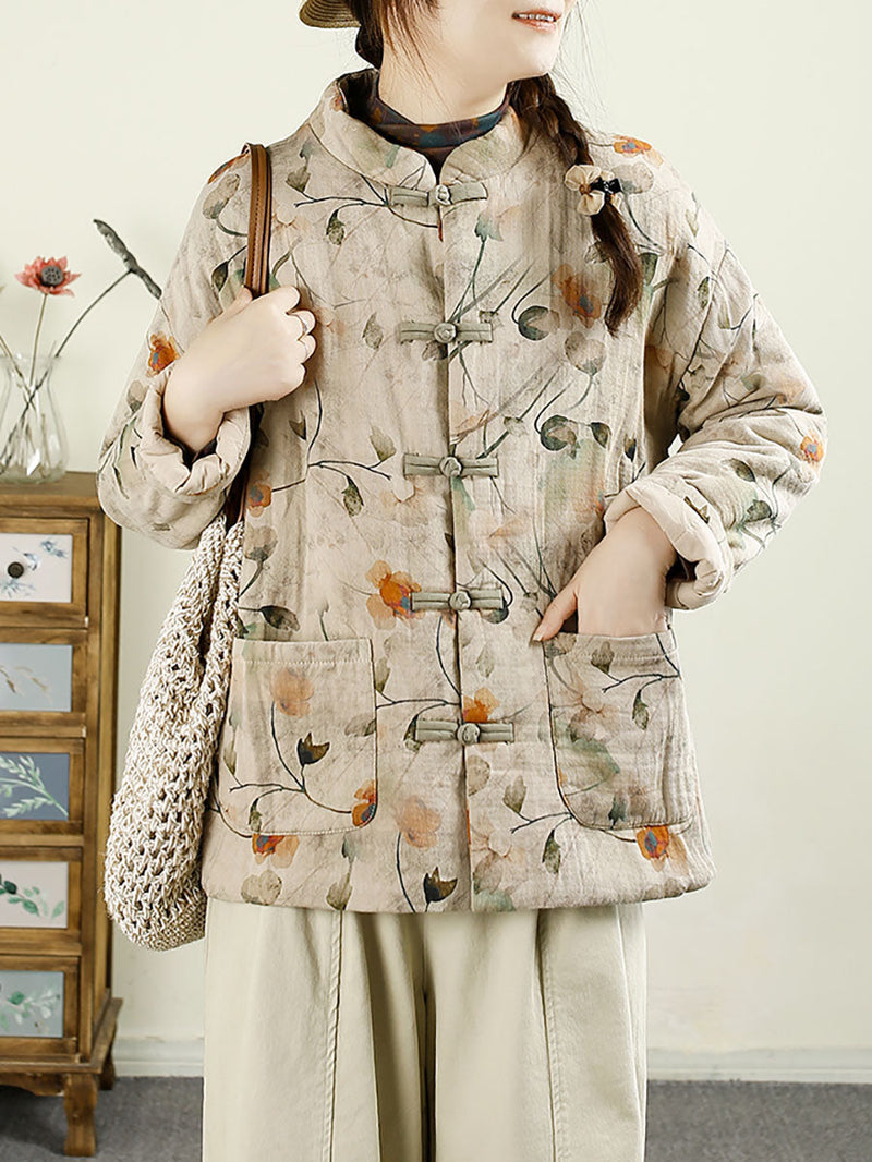 Autumn Flower Cotton Stand Collar Coat Ax1042