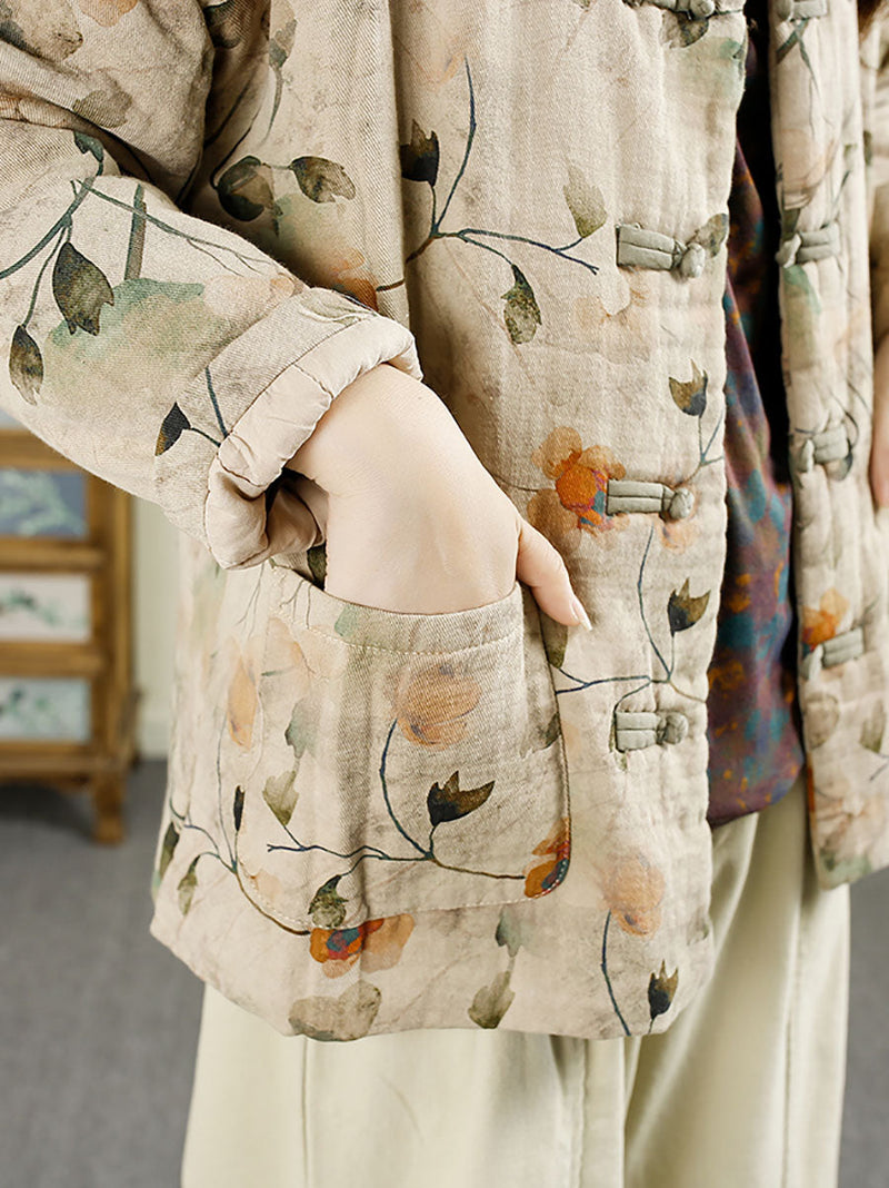 Autumn Flower Cotton Stand Collar Coat Ax1042