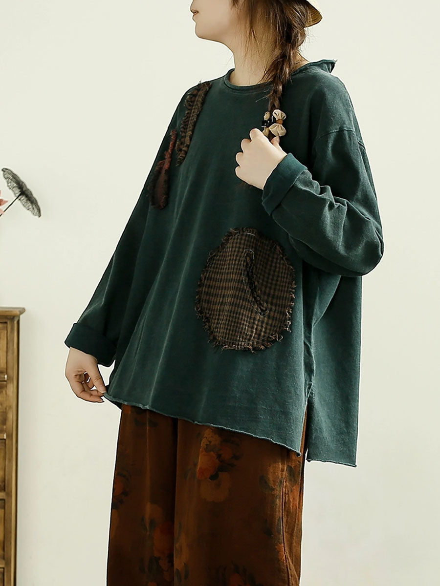 Autumn Patchwork O-neck Cotton Sweatshirt Ax1041