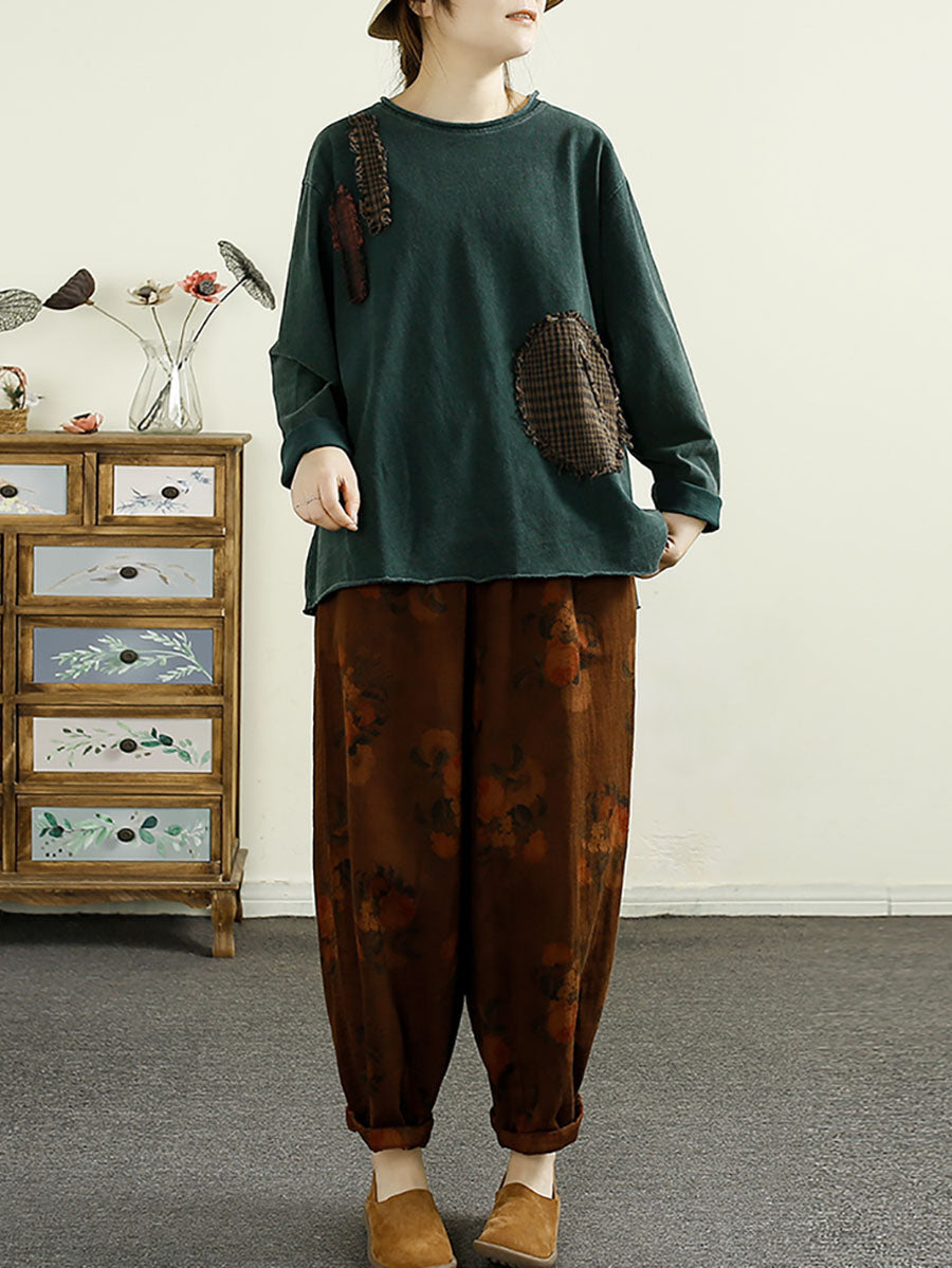 Autumn Patchwork O-neck Cotton Sweatshirt Ax1041