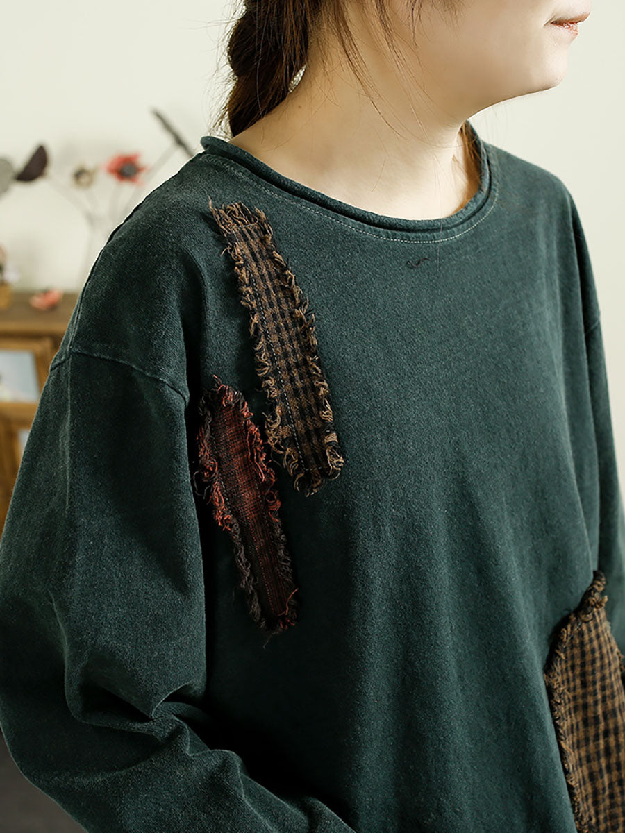 Autumn Patchwork O-neck Cotton Sweatshirt Ax1041