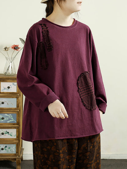 Autumn Patchwork O-neck Cotton Sweatshirt Ax1041