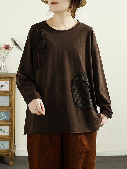 Autumn Patchwork O-neck Cotton Sweatshirt Ax1041