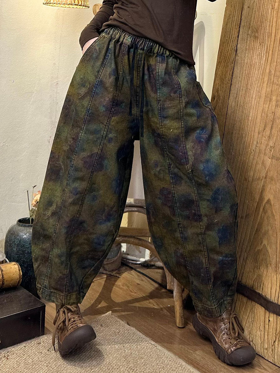 Autumn Retro Flower Spliced Denim Harem Pants Ax1039