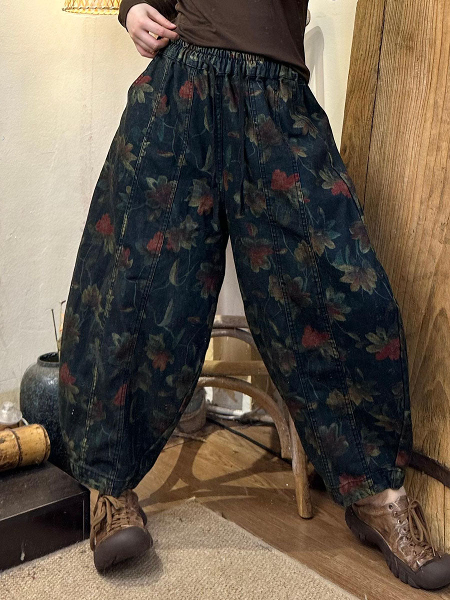 Autumn Retro Flower Spliced Denim Harem Pants Ax1039