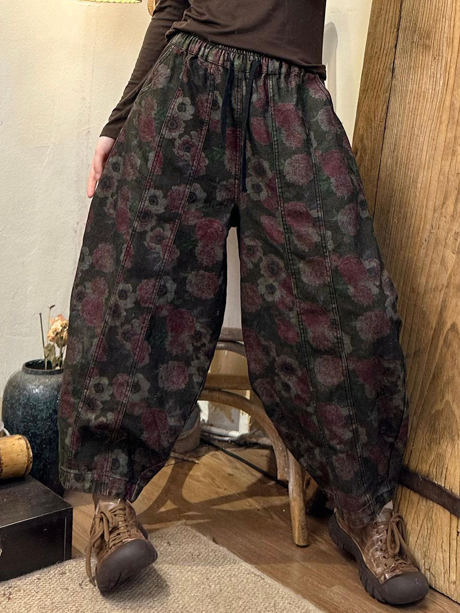 Autumn Retro Flower Spliced Denim Harem Pants Ax1039