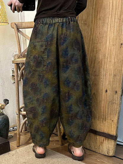 Autumn Retro Flower Spliced Denim Harem Pants Ax1039