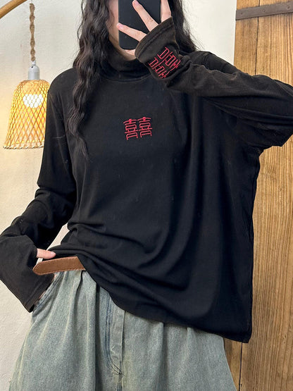 Autumn Embroidery Turtleneck Cotton Sweatshirt Ax1022