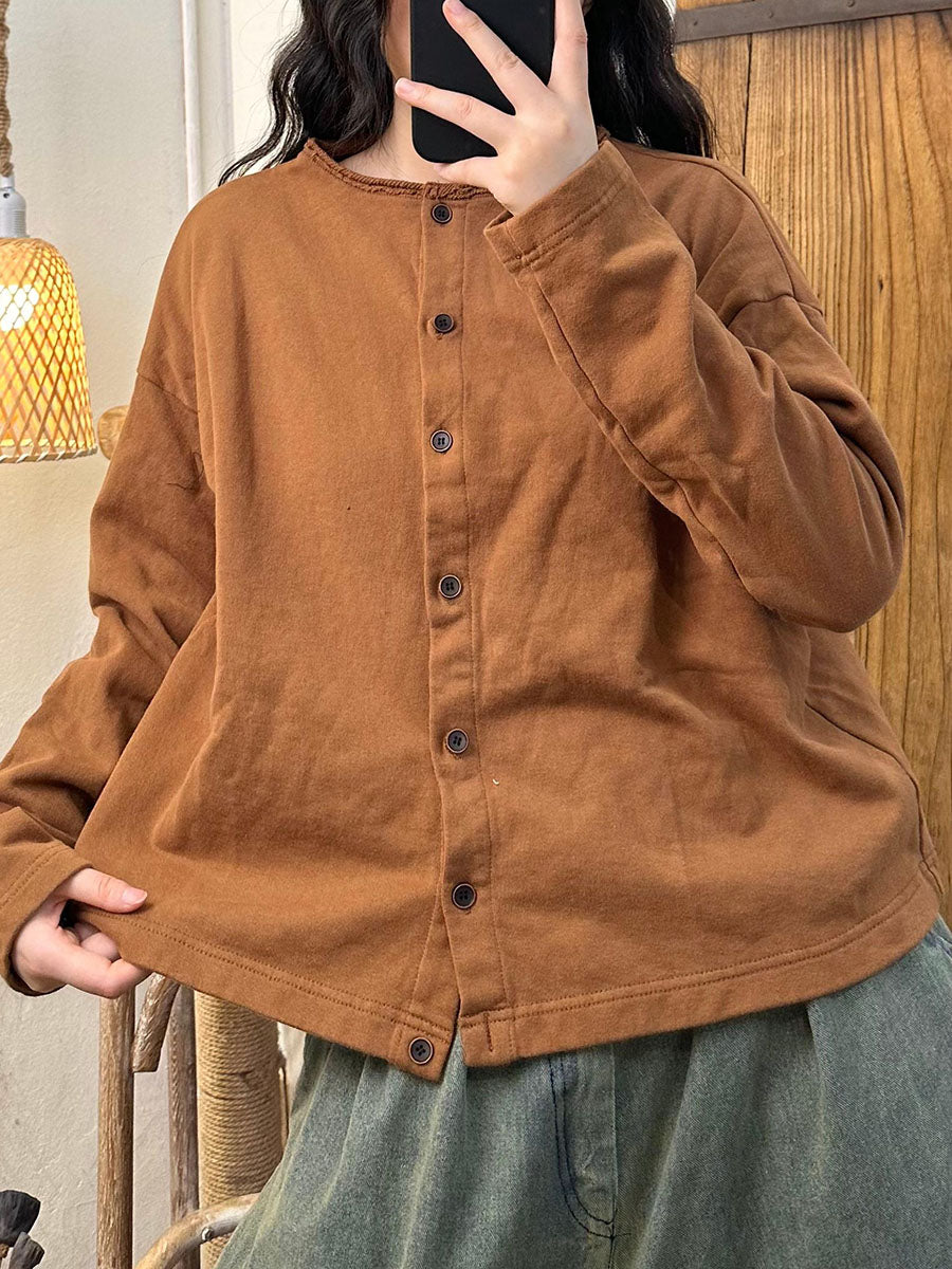 Autumn O-neck Button Cotton Blouse Av1015
