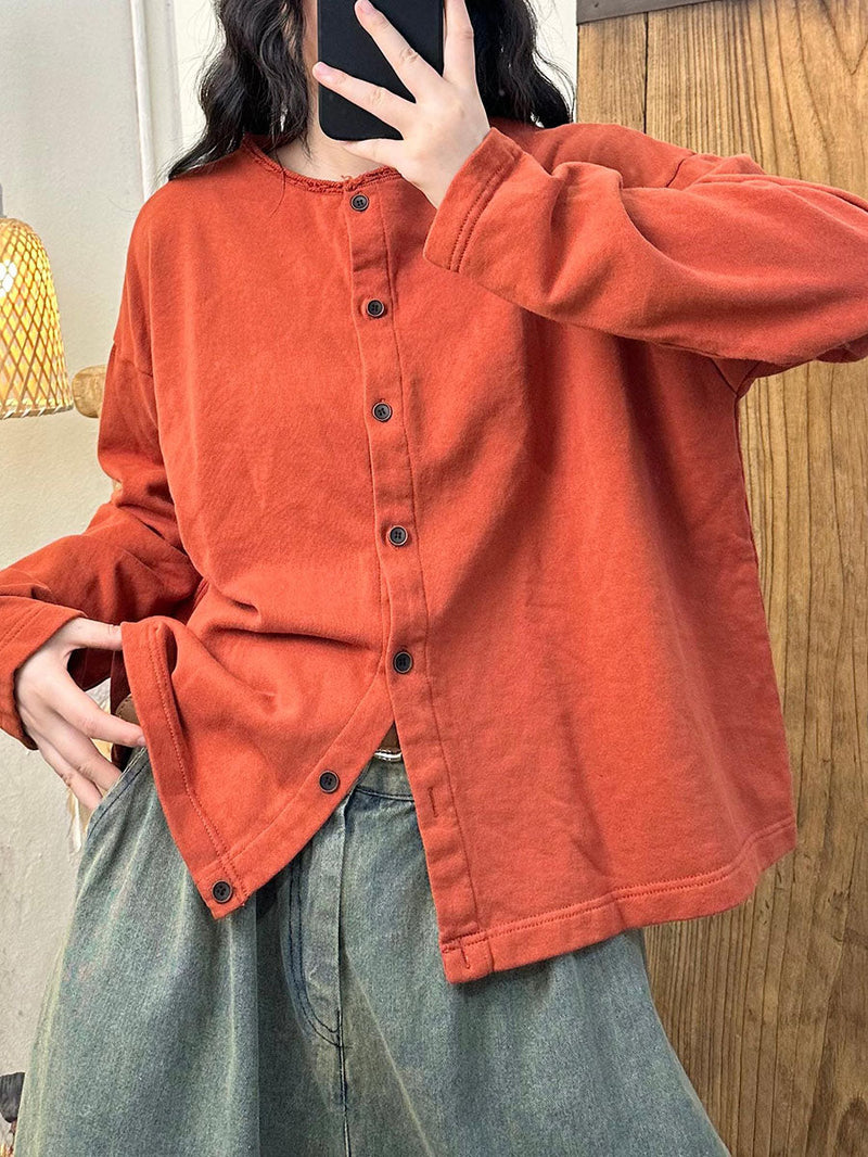 Autumn O-neck Button Cotton Blouse Av1015