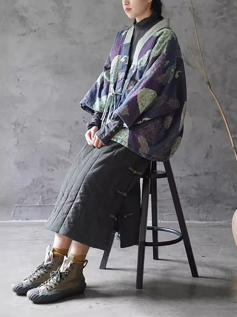 Autumn Print Strap Cotton Padded Coat Wg020