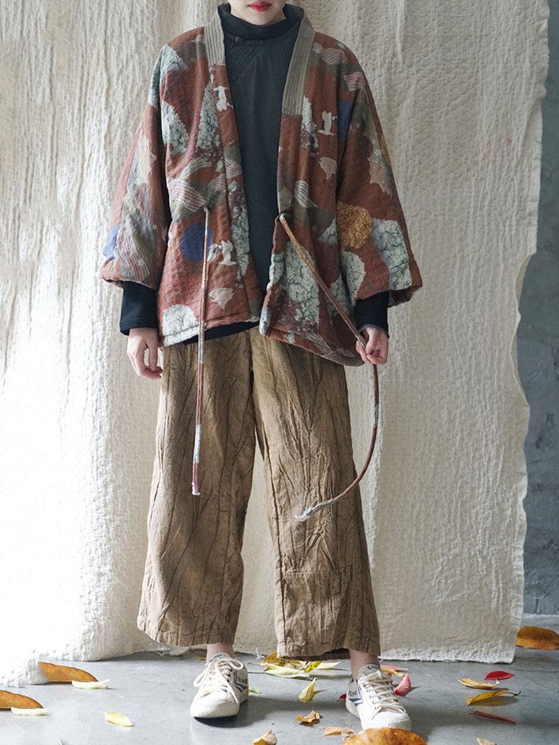 Autumn Print Strap Cotton Padded Coat Wg020