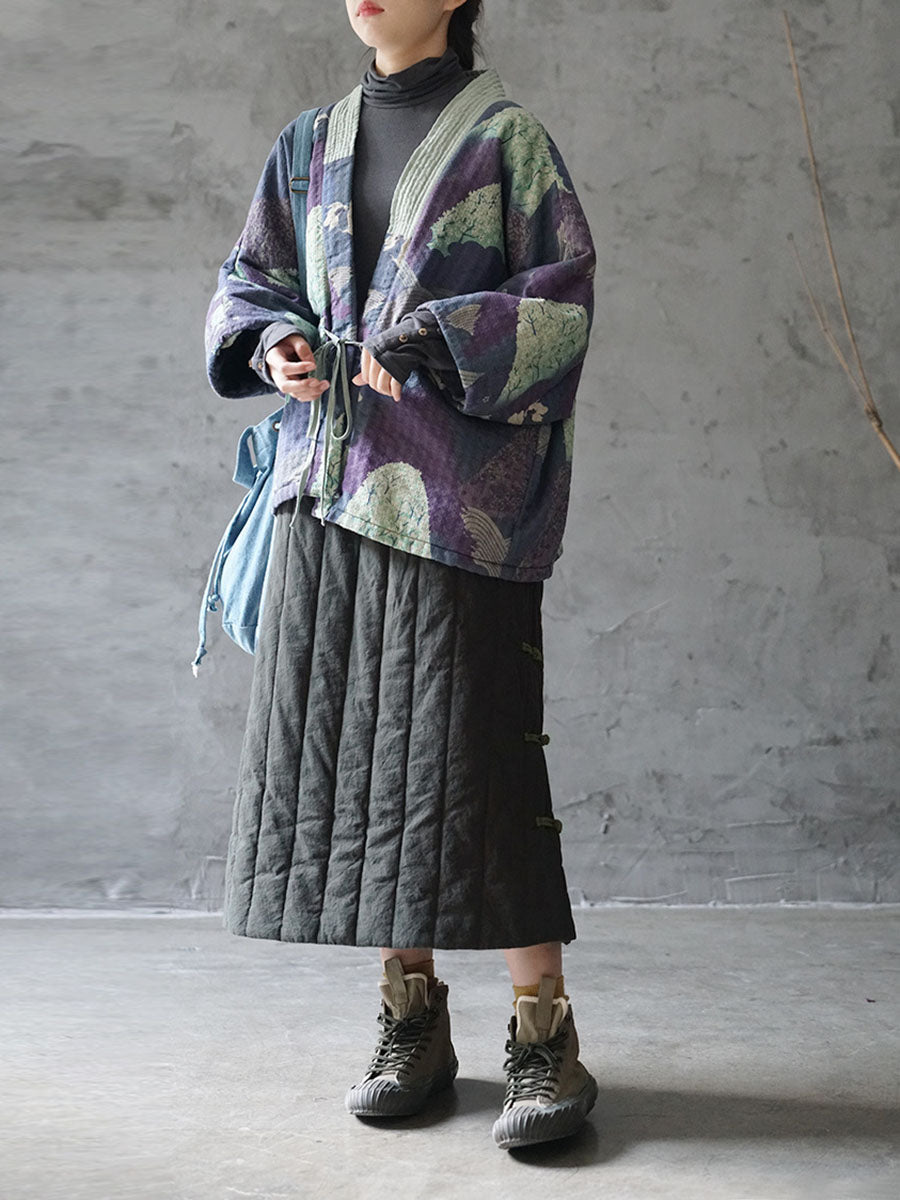 Autumn Print Strap Cotton Padded Coat Wg020