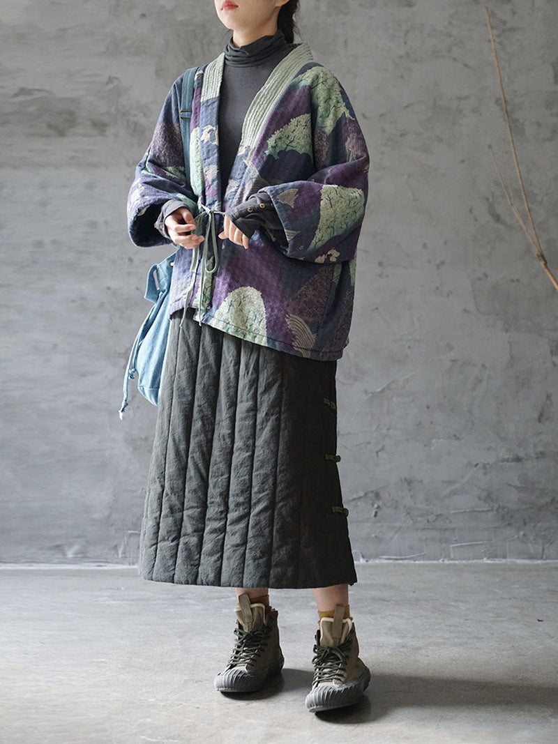 Autumn Print Strap Cotton Padded Coat Wg020