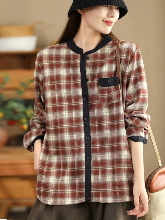Autumn Plaid Cotton Colorblock Shirt Coat Av1034