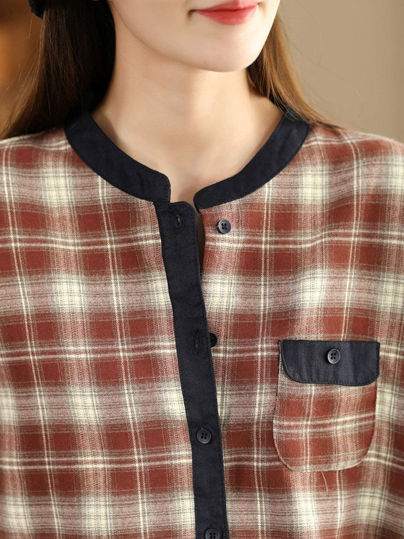Autumn Plaid Cotton Colorblock Shirt Coat Av1034