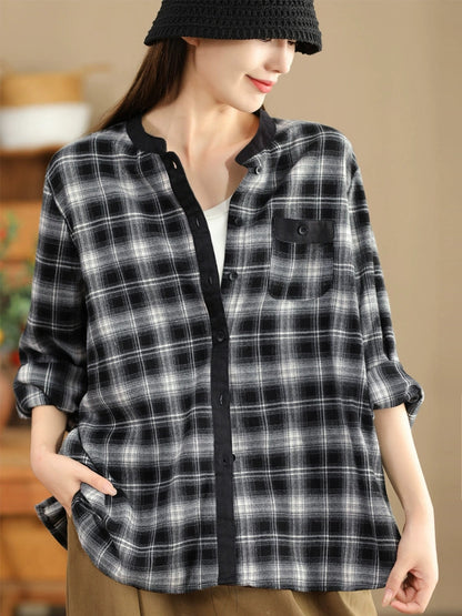 Autumn Plaid Cotton Colorblock Shirt Coat Av1034