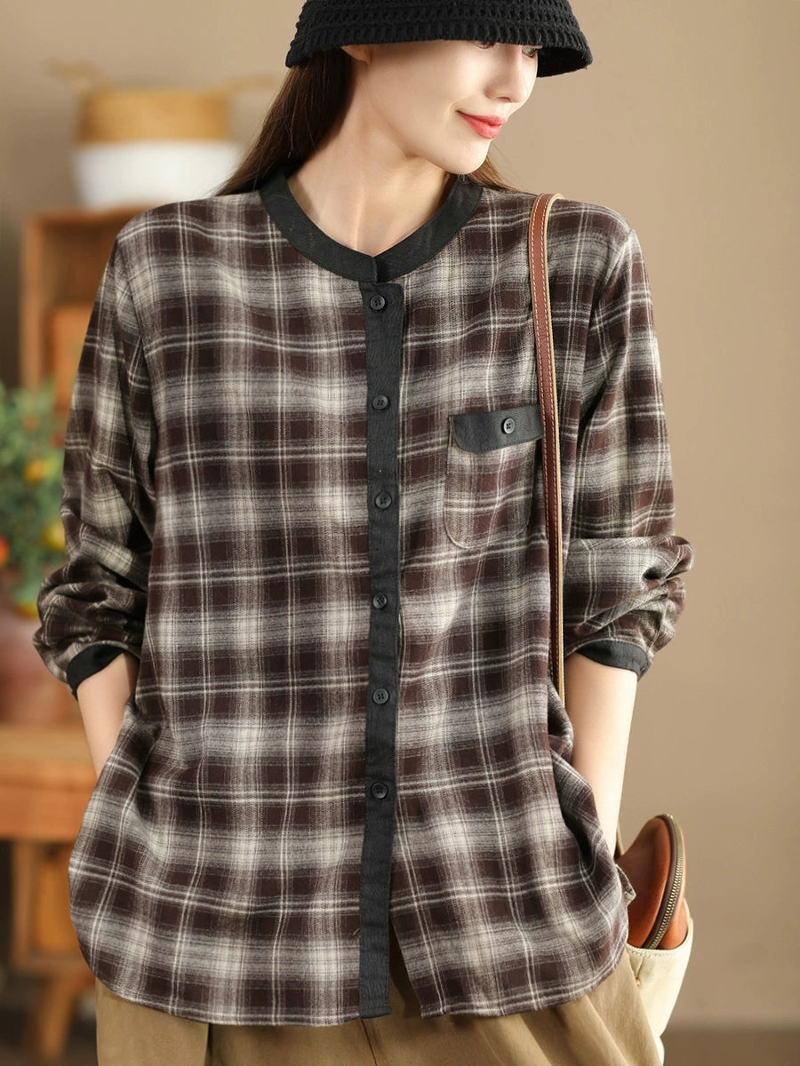 Autumn Plaid Cotton Colorblock Shirt Coat Av1034