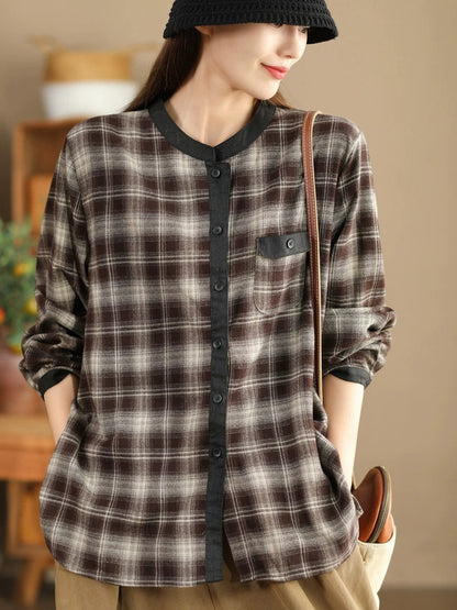 Autumn Plaid Cotton Colorblock Shirt Coat Av1034