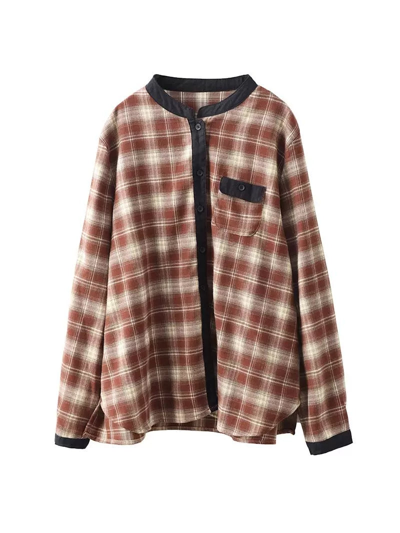 Autumn Plaid Cotton Colorblock Shirt Coat Av1034