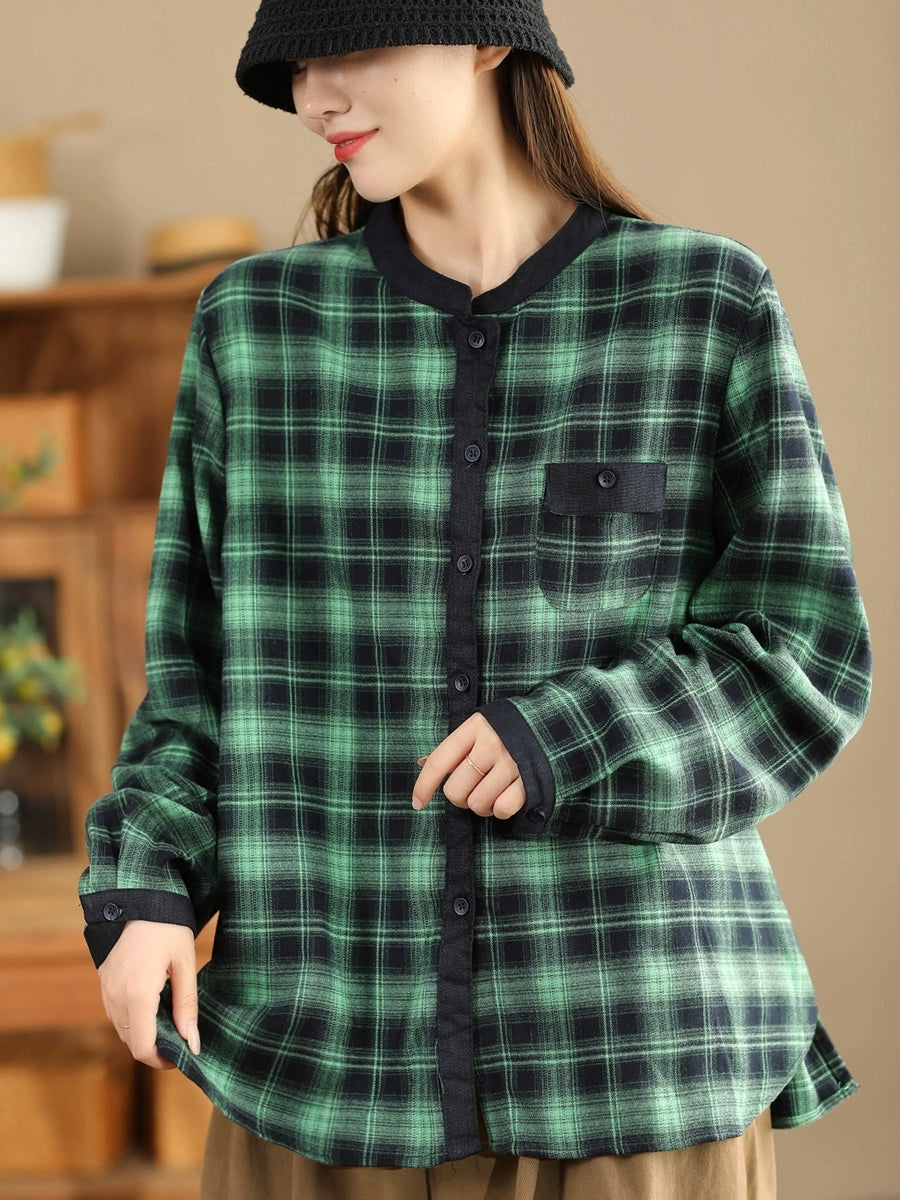 Autumn Plaid Cotton Colorblock Shirt Coat Av1034