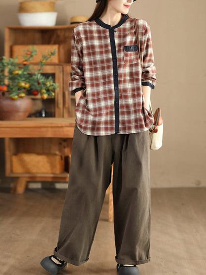 Autumn Plaid Cotton Colorblock Shirt Coat Av1034